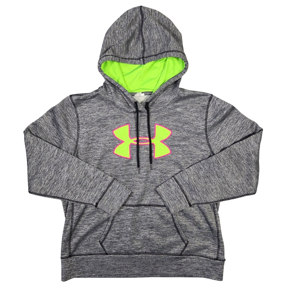 Under Armour Womens M Hoodie Grey Heather Neon Green Pink Pullover Sweatshirt